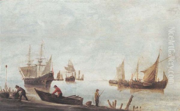 Shipping In A Calm, With Fishermen Fishing And Unloading Their Catch In The Foreground Oil Painting by Hendrik Jacobsz Dubbels