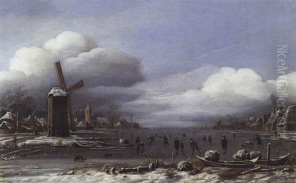 Scene D'hiver Avec Patineurs Oil Painting by Hendrik Jacobsz Dubbels