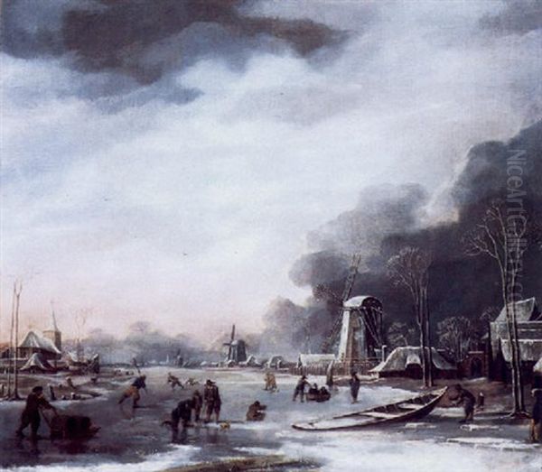 Gefrorener Kanal Mit Schlittschuhlaufern Und Fussgangern Oil Painting by Hendrik Jacobsz Dubbels