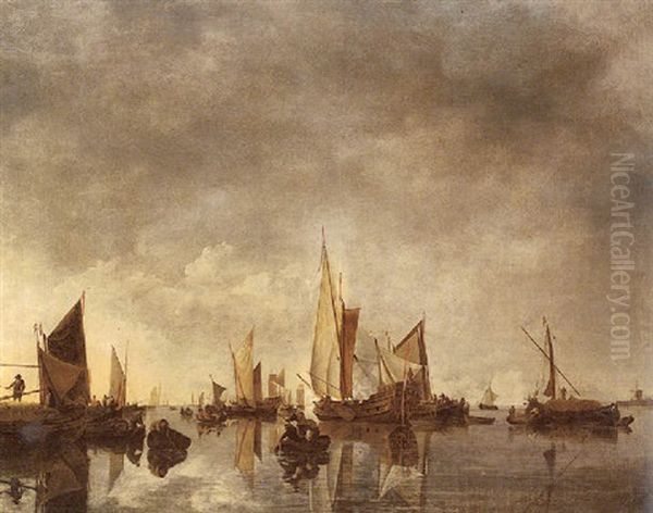 A Calm With States Yachts, Hay Barges And Other Shipping Offshore Oil Painting by Hendrik Jacobsz Dubbels