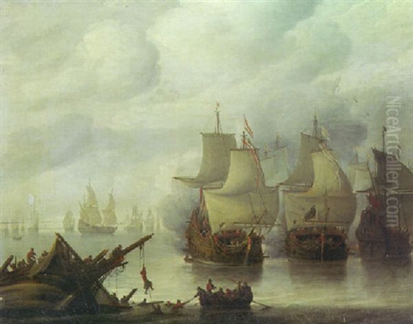 A Naval Battle Between English And Dutch Fleets In A Calm, Sailors Abandoning A Wreck In The Foreground Oil Painting by Hendrik Jacobsz Dubbels