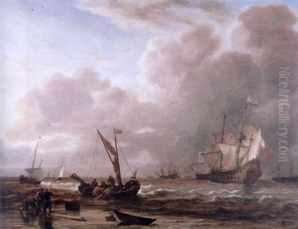 An Evening Landscape With Dutch Men O'war And Other Vessels In Choppy Waters, Seamen Unloading A Dutch Pink Oil Painting by Hendrik Jacobsz Dubbels