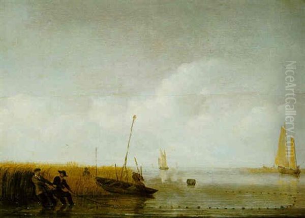 An Estuary Scene With Fishermen Trawling Their Nets, Others Boating Beyond Oil Painting by Hendrik Jacobsz Dubbels