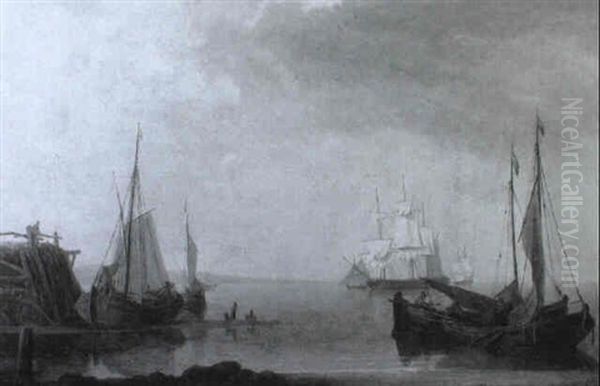 Dutch Kaags Moored At Low Tide Beneath A Quay Oil Painting by Hendrik Jacobsz Dubbels