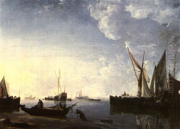 Dutch Shipping In A Calm At Sunset With Figures On The      Shore Oil Painting by Hendrik Jacobsz Dubbels