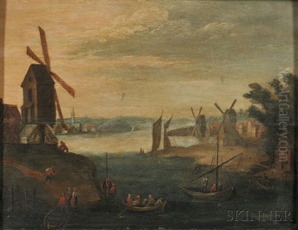 Coastal View With Windmills And Vessels Oil Painting by Eduard Dubois