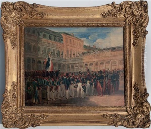 Paris, Les Tuileries, Rassemblement De La Garde Nationale Pour L'anniversaire De Louis-philippe Represente Ici Avec Ses Fils Oil Painting by Francois Dubois