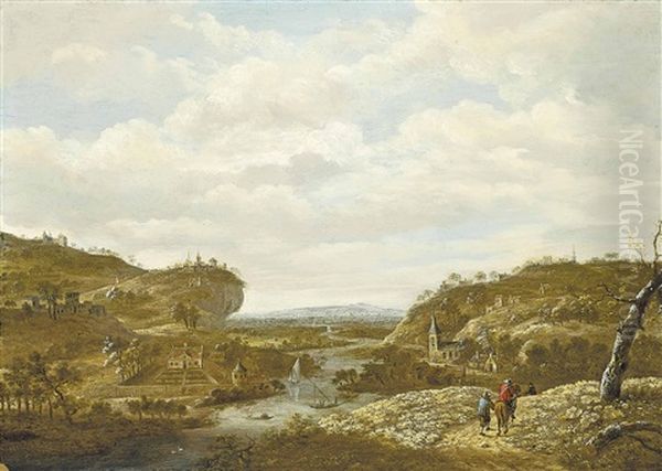 A Mountainous River Landscape With Travellers On A Track, A City Beyond Oil Painting by Guillam Dubois