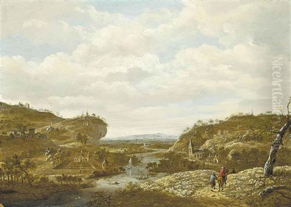 A Mountainous River Landscape With Travellers On A Track, A City Beyond Oil Painting by Guillam Dubois