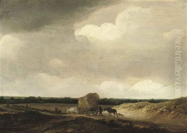 A Dune Landscape With Peasants, Cattle And A Cart Of Hay On A Path Oil Painting by Guillam Dubois