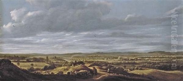 An Extensive Landscape With Huntsmen Resting On A Path, A Town Beyond Oil Painting by Guillam Dubois