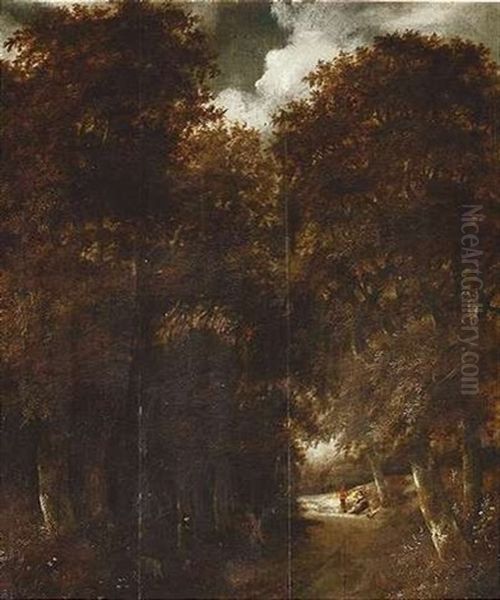 Waldweg Mit Wanderern, Im Hintergrund Vor Einer Dune Rastendes Paar Oil Painting by Guillam Dubois