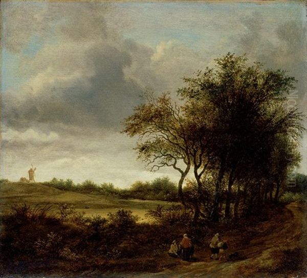 A Landscape With Figures On A Tree-lined Path, A Windmill Beyond by Guillam Dubois