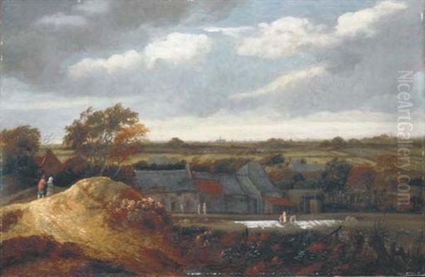 A View Of The Bleaching Grounds Near Haarlem, With Figures On A Path, The Church Of Saint Bravo Beyond Oil Painting by Guillam Dubois