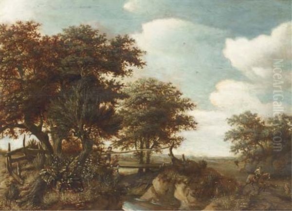 Peasants Fishing Off A Bridge In A Wooded Landscape Oil Painting by Guillam Dubois