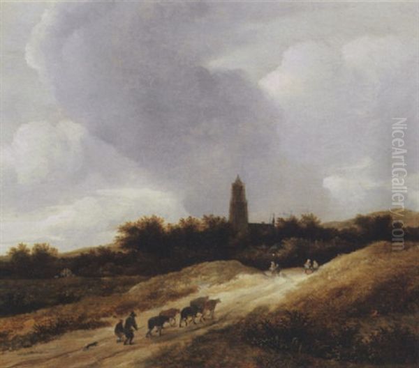 A Dune Landscape With Travellers, Shepherds And Cattle On A Path, A Church Tower Beyond Oil Painting by Guillam Dubois