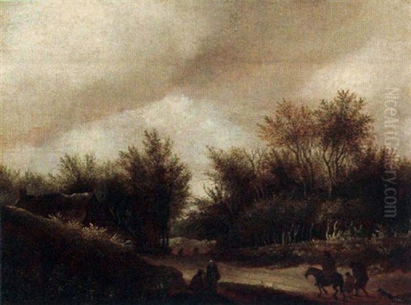 A Hilly Wooded Landscape With A Horseman And Other Figures On A Path Oil Painting by Guillam Dubois