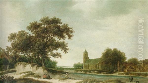 Village Landscape With A Church Beyond Oil Painting by Guillam Dubois