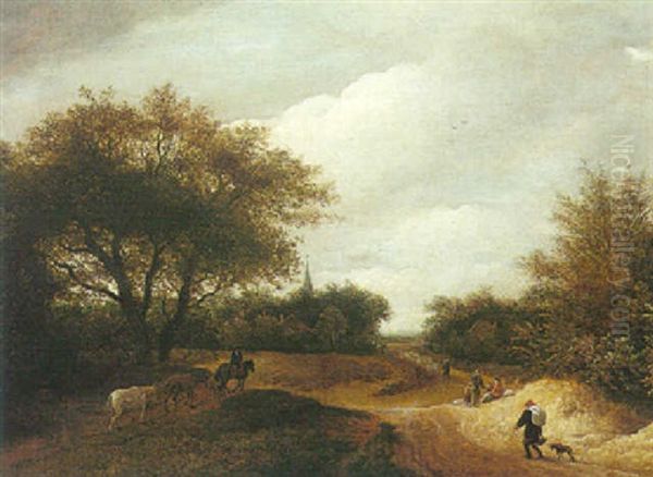 A Wooded Dune Landscape With Travellers And Horses Being Led Down A Track, A Church Spire And Village Beyond Oil Painting by Guillam Dubois