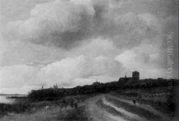 Peasants On A Country Road On The Outskirts Of Naarden, The Tower Of The Grote Or Vituskerk Beyond Oil Painting by Guillam Dubois