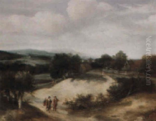 A Dune Landscape And A Small Village With Hunters Beyond Oil Painting by Guillam Dubois