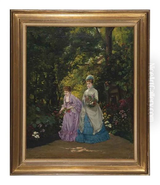 Elegant Ladies Gathering Flowers In A Garden Oil Painting by Henri Pierre Hippolyte Dubois