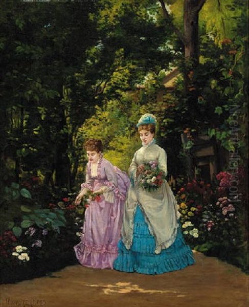 Elegant Ladies Gathering Flowers In A Garden Oil Painting by Henri Pierre Hippolyte Dubois