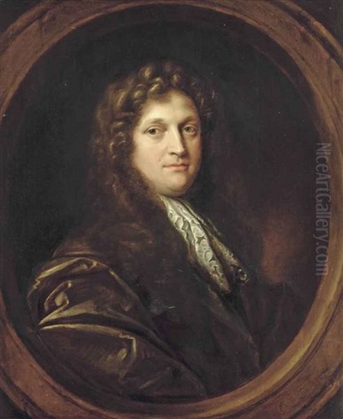 Portrait Of A Gentleman, Half-length, In A Brown Coat With A Lace Cravat, In A Sculpted Oval Oil Painting by Simon Dubois