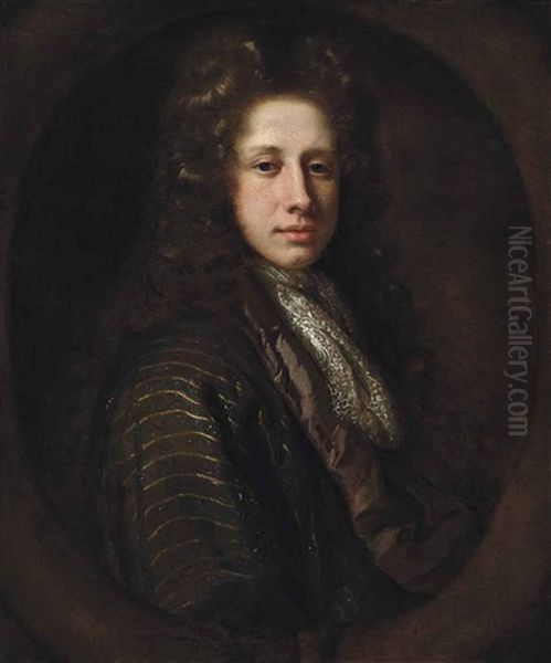 Portrait Of A Gentleman, Possibly Lord John Somers, Bust-length, In An Embroidered Coat And A Lace Ruff, In A Sculpted Cartouche Oil Painting by Simon Dubois