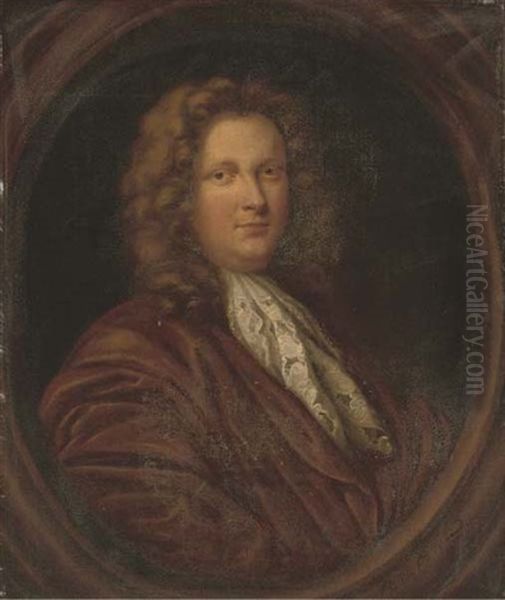 Portrait Of A Gentleman, Quarter-length, In A Brown Coat And White Cravat Oil Painting by Simon Dubois