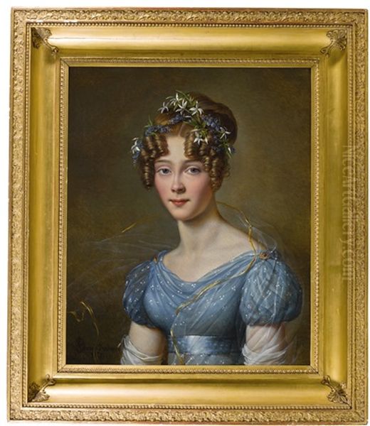 Portrait Of Amelie Du Bois (1803-91), Wife Of Lt.-gen. Emile Joseph Frison, Aide To King Leopold Ii, In A Blue Muslin Dress, With Flowers In Her Hair Oil Painting by Alexandre Jean Dubois-Drahonet