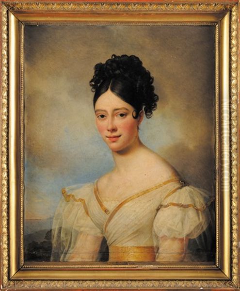 Portrait De Jeune Femme A La Robe Blanche Oil Painting by Alexandre Jean Dubois-Drahonet