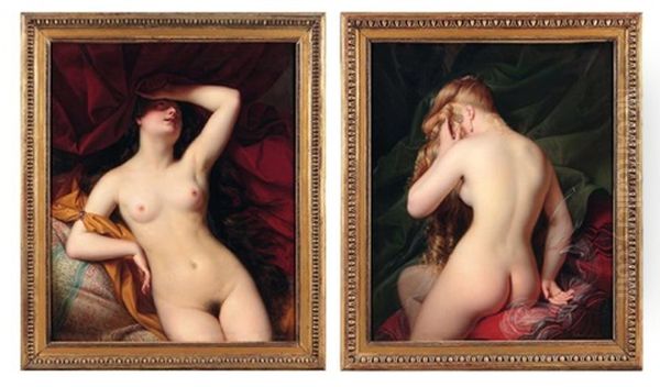 Jeune Femme Nue, Vue De Dos Entouree De Coussins Et Draperie (+ Jeune Femme Nue, Vue De Face, Sur Un Sofa Devant Des Draperies; Pair) Oil Painting by Alexandre Jean Dubois-Drahonet