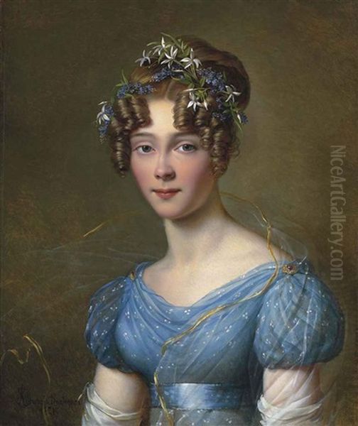 Portrait Of Amelie Du Bois (1803-1891), Wife Of Lt.-gen. Emile Joseph Frison, Aide To King Leopold Ii In A Blue Muslin Dress, With Flowers In Her Hair Oil Painting by Alexandre Jean Dubois-Drahonet