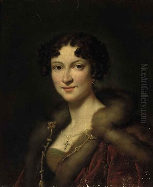 Portrait Of Henriette Louise Peterson, Wife Of Auguste, Baron Du Bois De Ferrieres In A Fur-trimmed Red Mantle And Jewels Oil Painting by Alexandre Jean Dubois-Drahonet