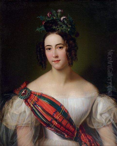 Portrait D'une Jeune Ecossaise Portant Un Tartan Et Coiffee D'un Chardon Oil Painting by Alexandre Jean Dubois-Drahonet