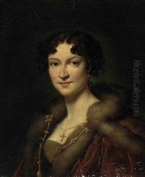 Portrait Of Henriette Louise Peterson, Wife Of Auguste, Baron Du Bois De Ferrieres  In A Fur-trimmed Red Mantle And Jewels Oil Painting by Alexandre Jean Dubois-Drahonet