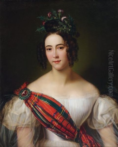 Portrait D'une Jeune Ecossaise Portant Un Tartan Et Coiffee D'un Chardon Oil Painting by Alexandre Jean Dubois-Drahonet