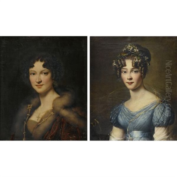 Portrait Of Amelie Du Bois, Bust-length, Wearing A Blue Muslin Dress (+ Portrait Of Henriette Louise Peterson, Bust-lenth, Wearing A Red Cout With Fur; Pair) Oil Painting by Alexandre Jean Dubois-Drahonet