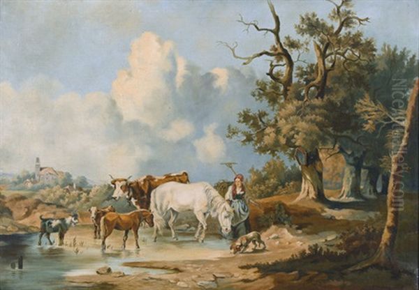 Sommerliche Landschaft Mit Bauerin Und Tieren Oil Painting by Charles Jacques DuBois-Melly