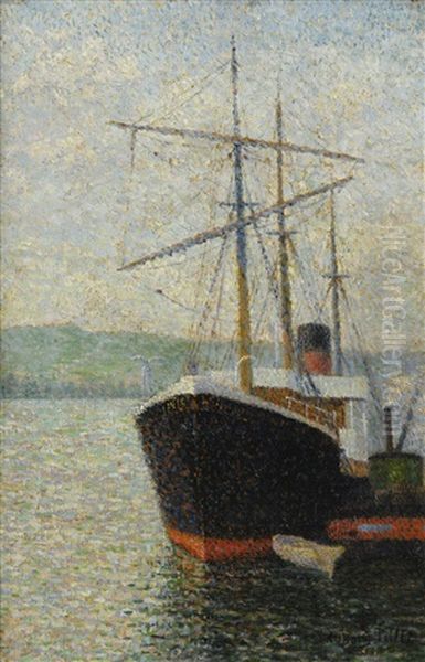 Steamer Dans Le Port De Rouen Ou Trois-mats A Quai Oil Painting by Albert Dubois-Pillet