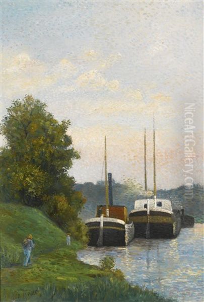 Chalands Sur La Seine Oil Painting by Albert Dubois-Pillet