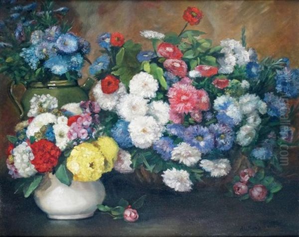 Les Trois Bouquets De Fleurs Oil Painting by Albert Dubois-Pillet