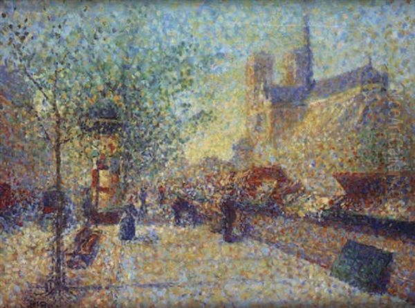 Les Bouquinistes Pres De Notre-dame Oil Painting by Albert Dubois-Pillet