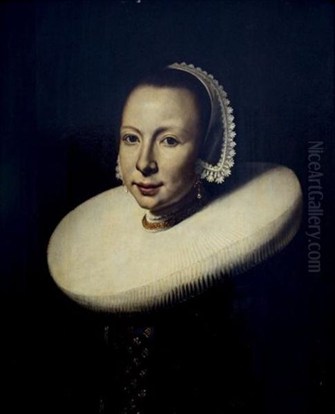 Portrait En Buste D'une Jeune Femme A La Coiffe De Dentelle, Large Fraise Et Chaine D'or (in 3 Parts) by Pieter Dubordieu