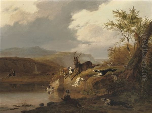 The Stag Hunt (colab W/a. Van Der Bruggen) Oil Painting by Pierre Louis Dubourcq