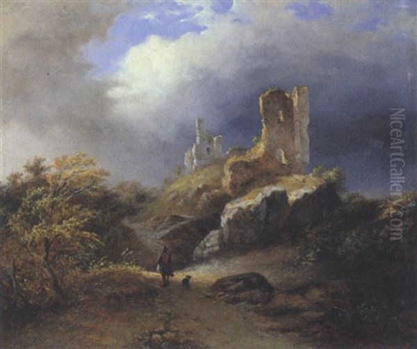 Landschaft Mit Einer Burgruine Und Einem Jager Oil Painting by Pierre Louis Dubourcq