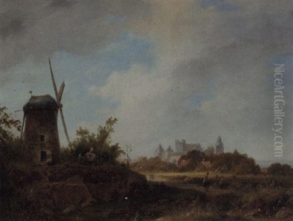 A Panoramic Summer Landscape With Villagers By A Windmill, Bentheim Beyond Oil Painting by Pierre Louis Dubourcq