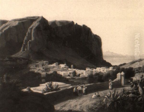 Figures On A Path Near Rome, A Village In The Background by Pierre Louis Dubourcq