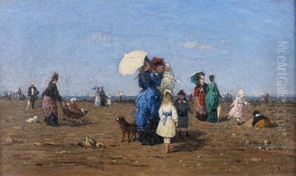 Elegantes Et Leurs Familles Sur La Plage En Normandie Oil Painting by Alexandre Dubourg